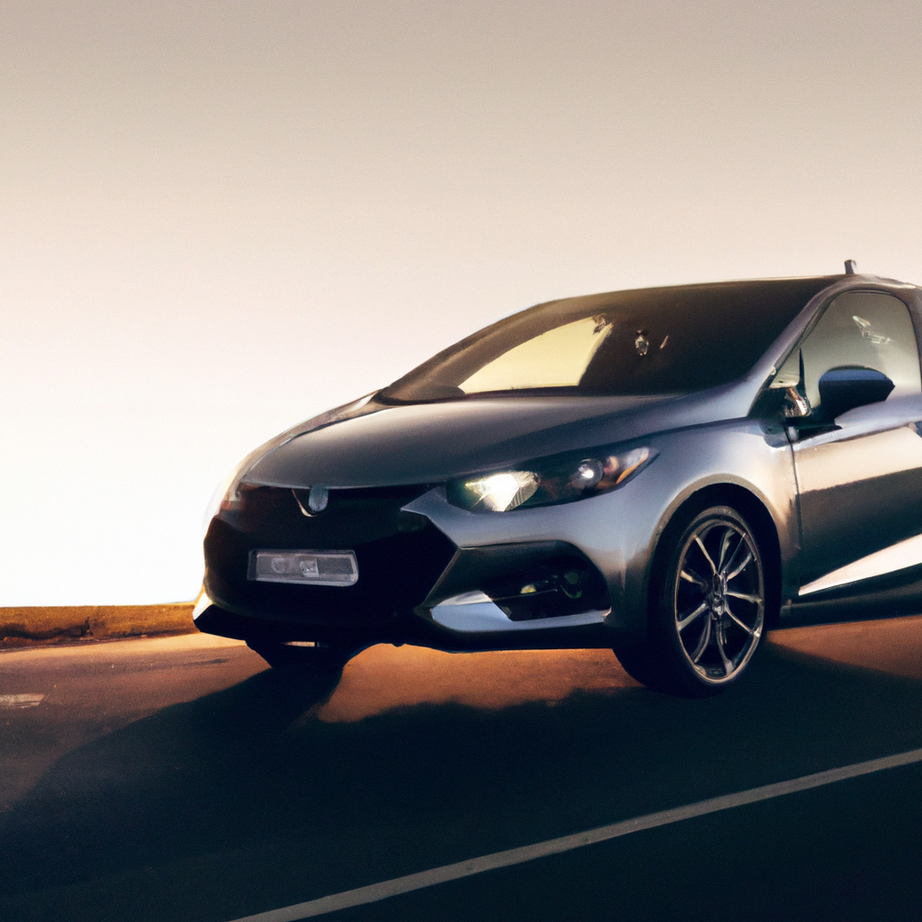 Sleek blue hatchback angled on coastal road